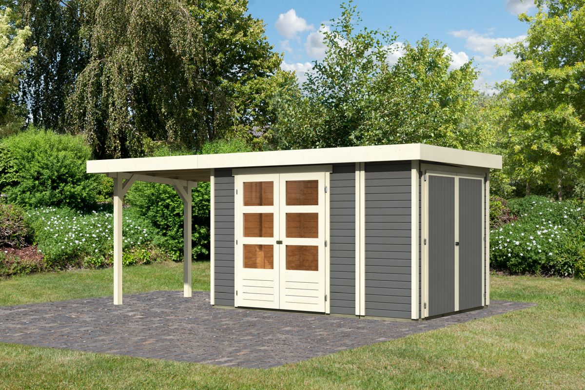 Gartenhaus Retola 3, 319x217 cm mit Anbauschrank und Anbaudach 2,40 m, 19 mm Holz terragrau, Karibu