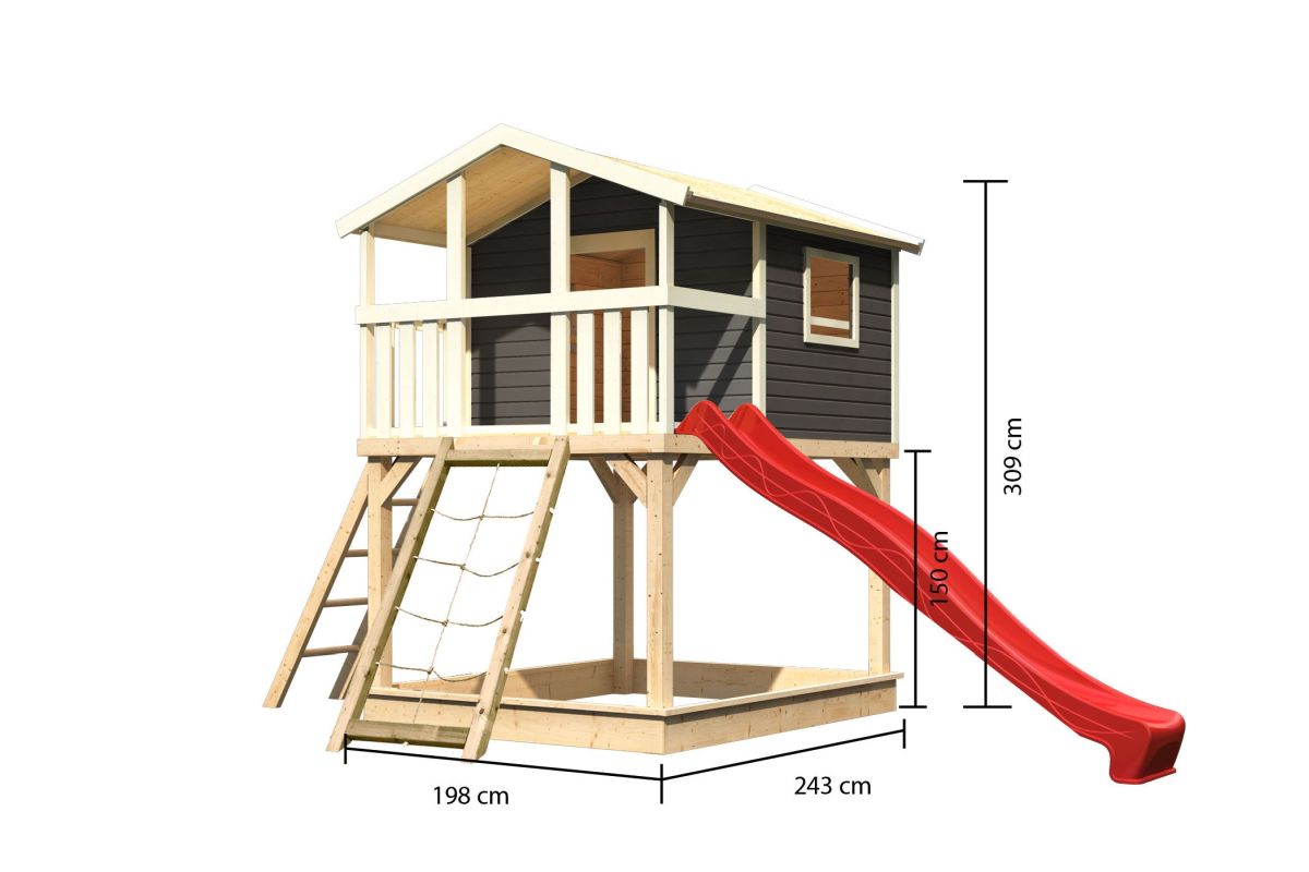 Stelzenhaus Benjamin terragrau mit Rutsche rot und Netzrampe