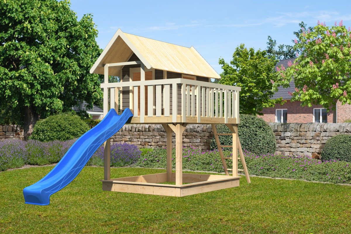 Stelzenhaus FIDEL terragrau, Set mit Rutsche blau, Karibu