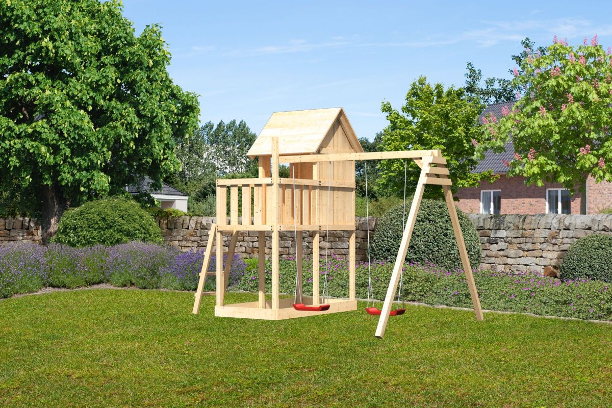 Stelzenhaus Frieda naturbelassen, Set mit Doppelschaukel-Anbau