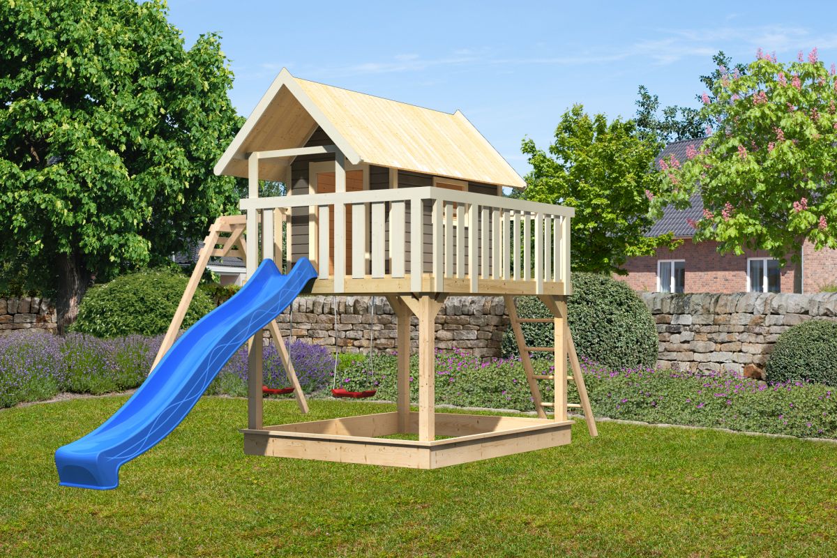 Stelzenhaus FIDEL terragrau mit Doppelschaukel und Rutsche blau