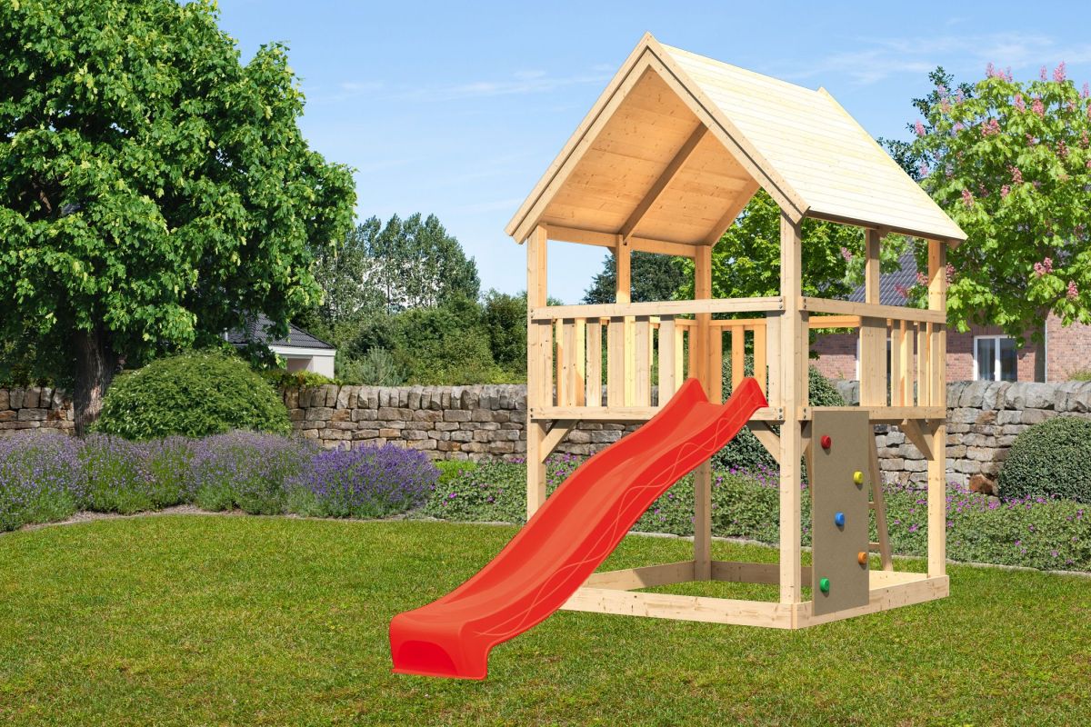 Spielturm Luis natur, SET mit Kletterwand und Rutsche rot, Karibu