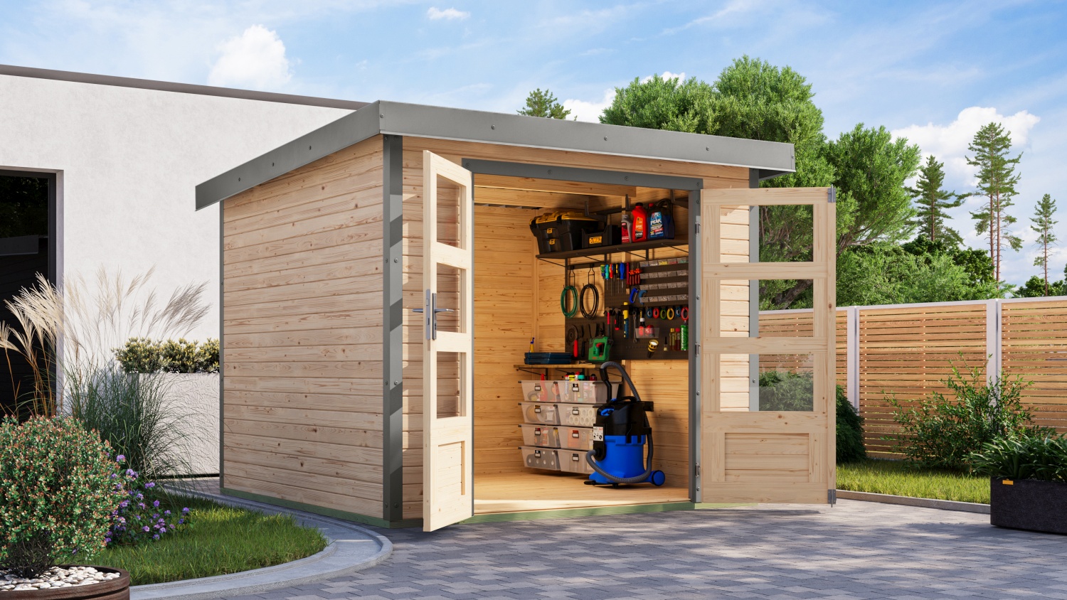 Hybrid-Gartenhaus Jupiter 3,5A - 238x242 cm, 19mm naturbelassen/graualuminium