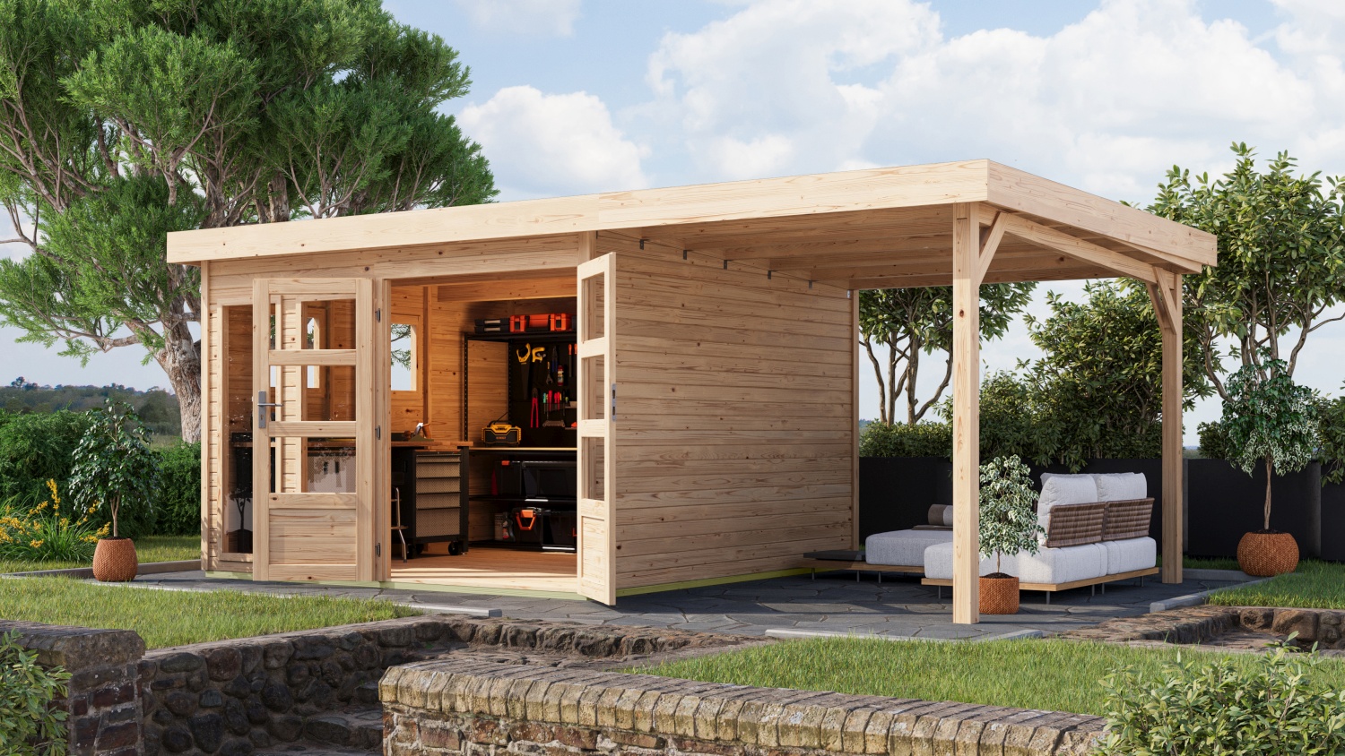 Gartenhaus Lahar 6 - 302x306 cm plus 2,40 m Anbaudach, 19 mm Holz naturbelassen, Karibu