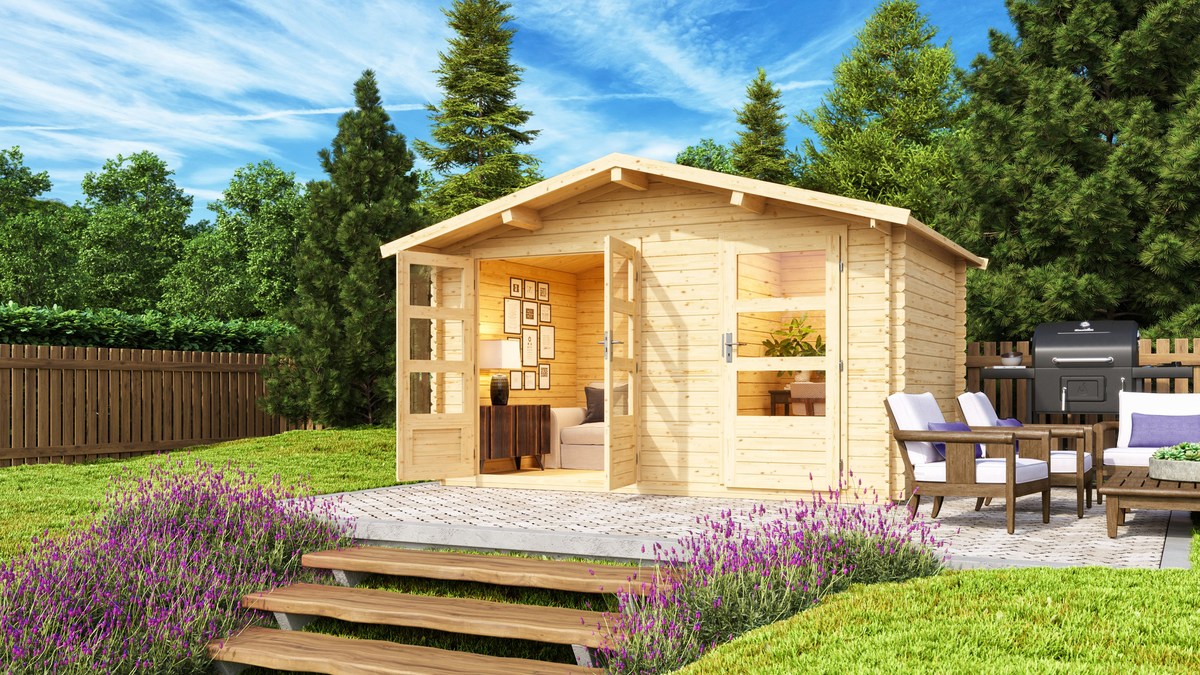 Mittelwandhaus Radur 0 - 387x253 cm, 28 mm Blockbohlen natur, Karibu