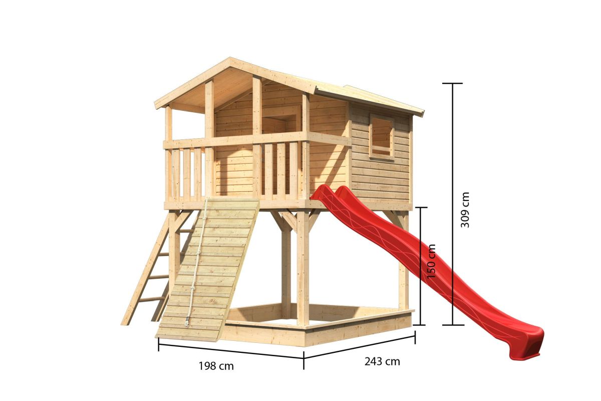 Stelzenhaus Benjamin naturbelassen mit Rutsche rot und Holzrampe