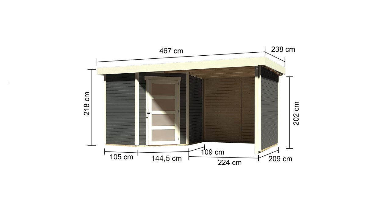 Gartenhaus Schwandorf 3, 213x217 cm plus Anbaudach 2,40m mit Wänden, 19 mm Holz terragrau