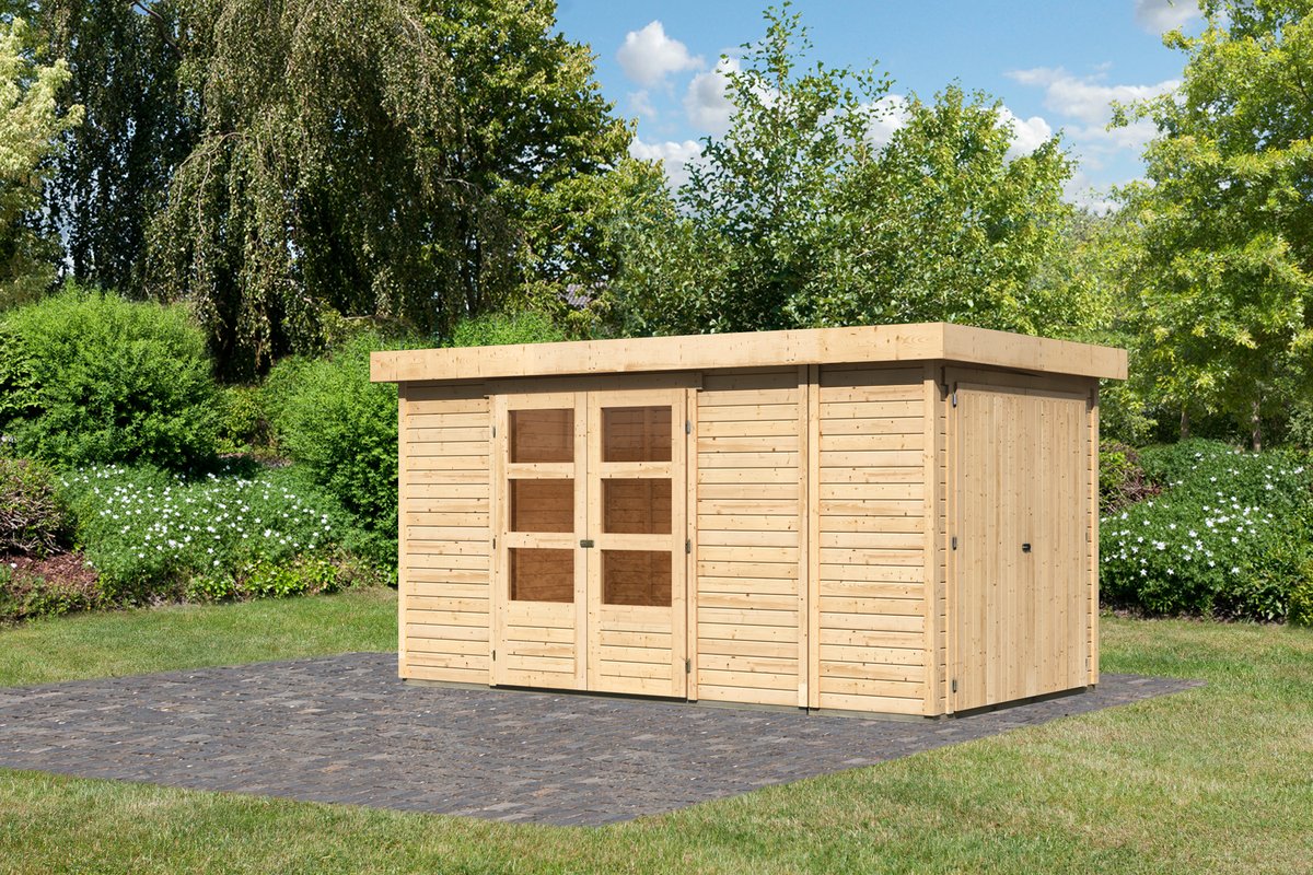 Gartenhaus Retola 5, 377x217 cm mit Anbauschrank, 19 mm Holz naturbelassen, Karibu