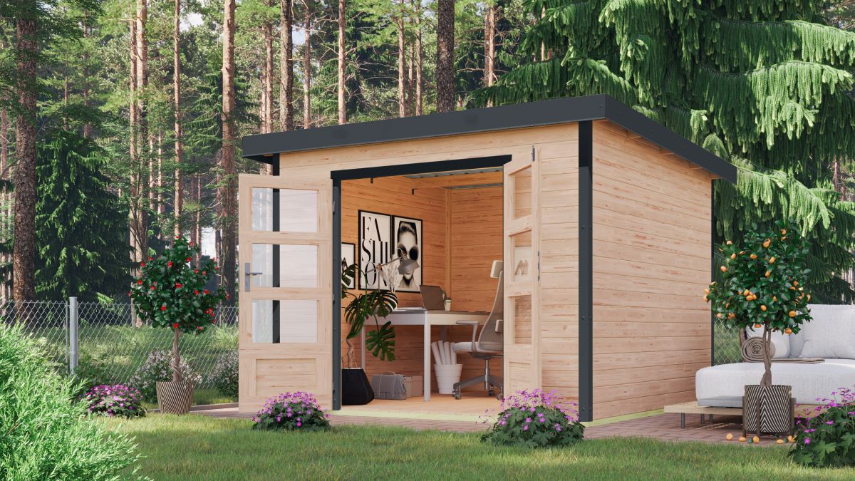 Hybrid-Gartenhaus Pluto 6A - 271x271 cm, 28mm naturbelassen/anthrazit