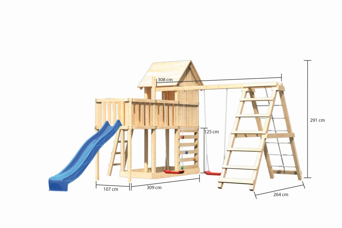 Stelzenhaus Frieda natur, Set mit Plattform, Kletterschaukel, Kletterwand und Rutsche blau