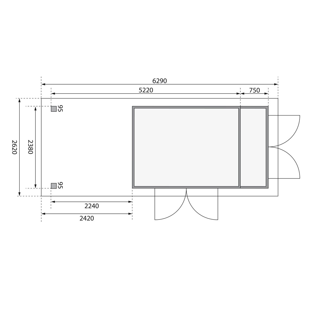 Gartenhaus Retola 6, 377x246 cm mit Anbauschrank und Anbaudach 2,40 m, 19 mm Holz naturbelassen,