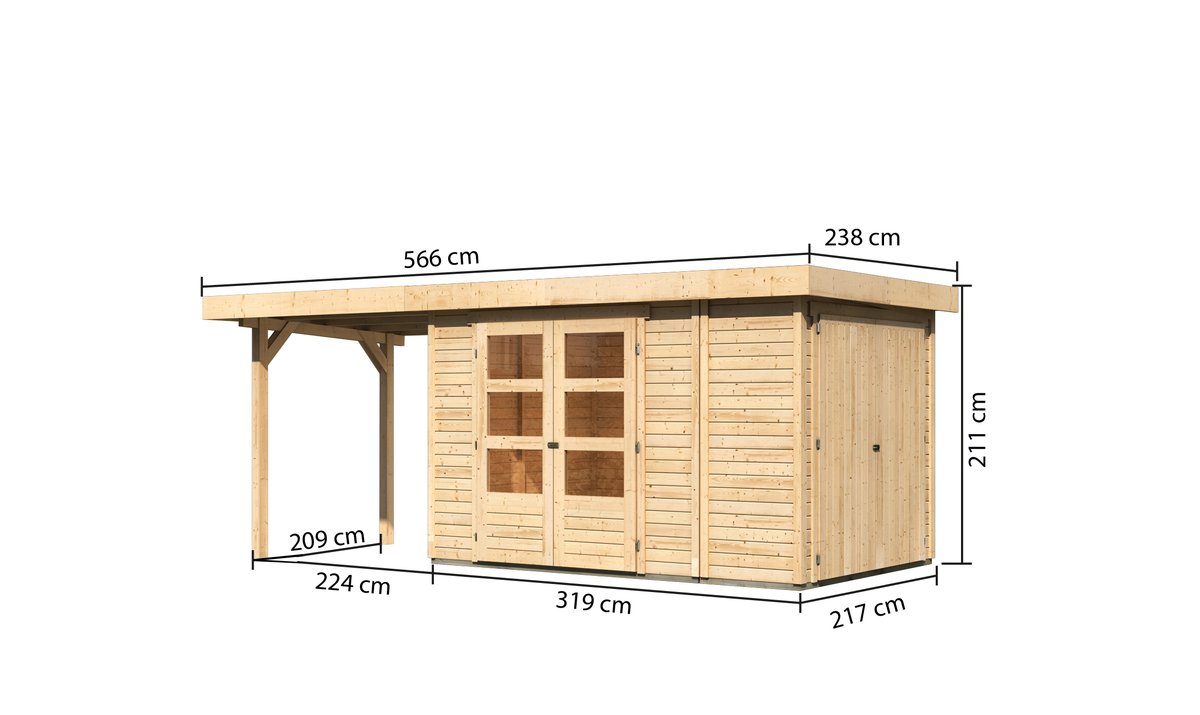 Gartenhaus Retola 3, 319x217 cm mit Anbauschrank und Anbaudach 2,40 m, 19 mm Holz naturbelassen, Karibu