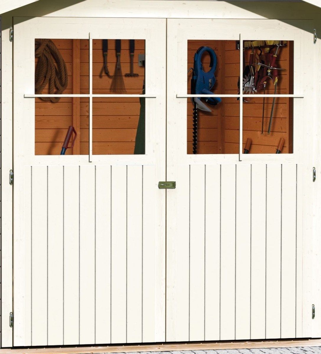 Gartenhaus Glücksburg 4 terragrau - 242x217 cm mit Anbaudach 190 cm, 19 mm Holz, Karibu
