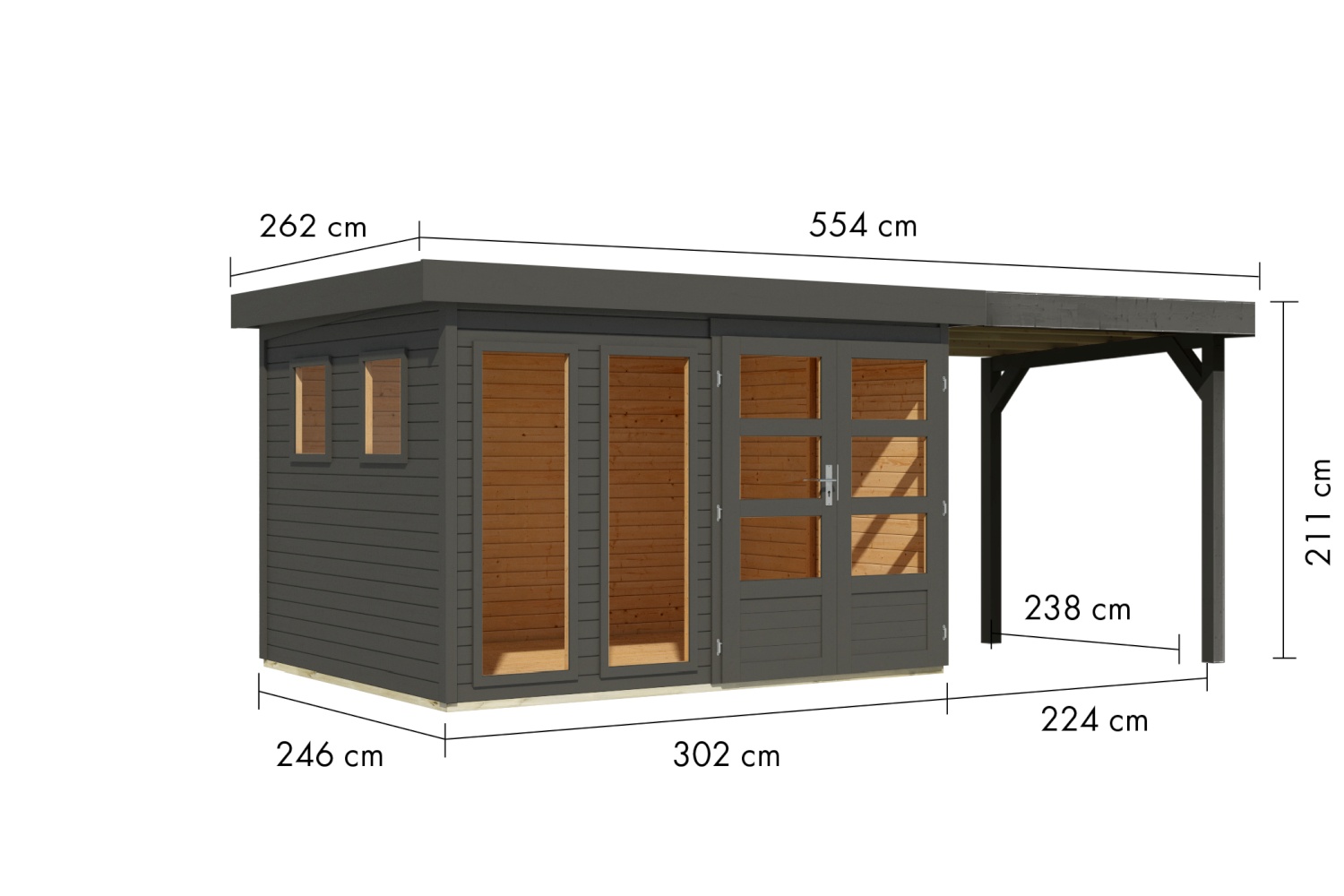 Gartenhaus Lahar 5 - 302x246 cm plus 2,40 m Anbaudach, 19 mm Holz terragrau, Karibu