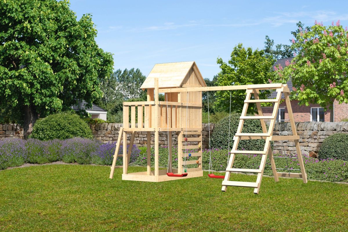 Stelzenhaus Frieda naturbelassen, Set mit Kletter-Doppelschaukel und Kletterwand