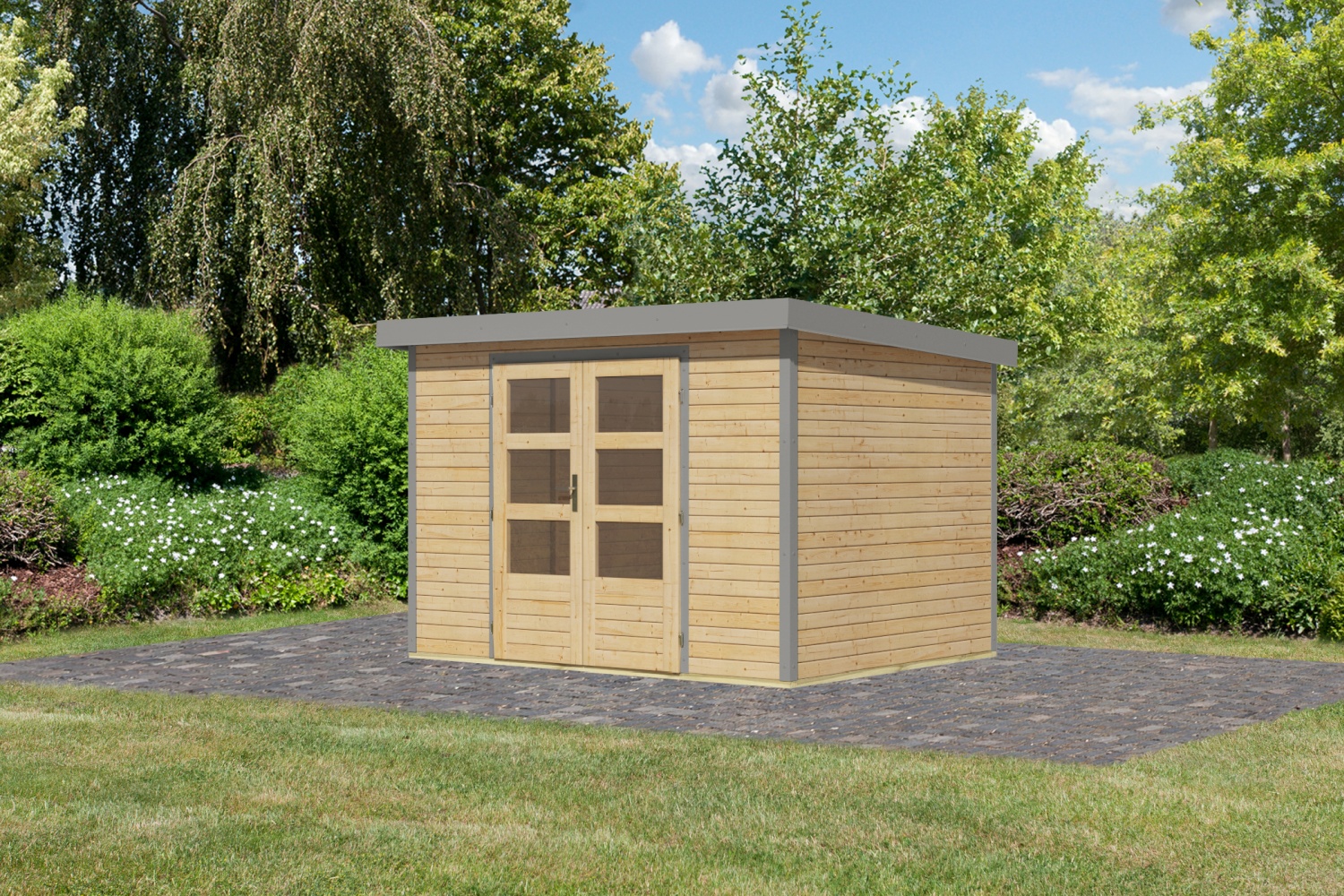 Hybrid-Gartenhaus Jupiter 4A - 298x213 cm, 19mm naturbelassen/graualuminium