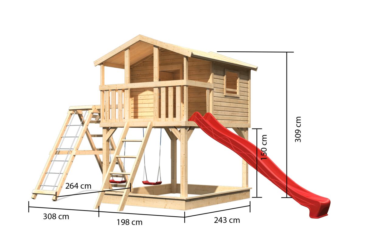 Stelzenhaus Benjamin naturbelassen mit Kletterschaukel und Rutsche rot