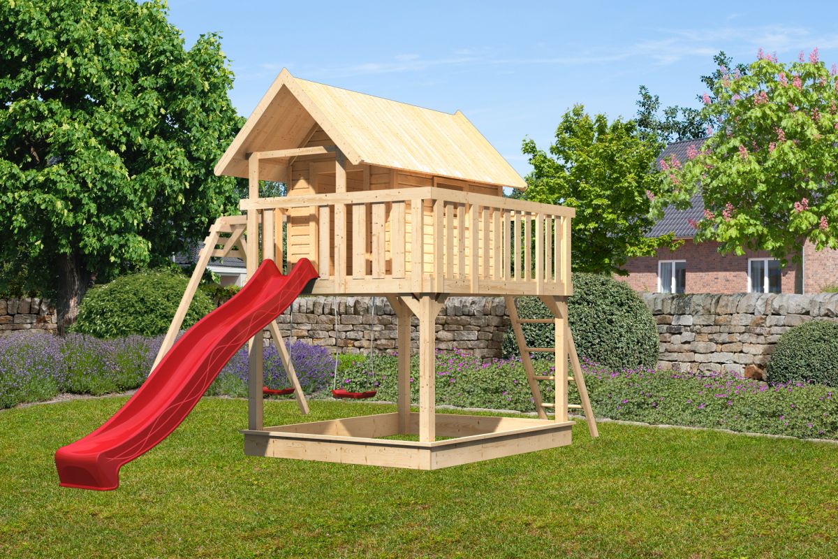 Stelzenhaus FIDEL naturbelassen mit Doppelschaukel und Rutsche rot