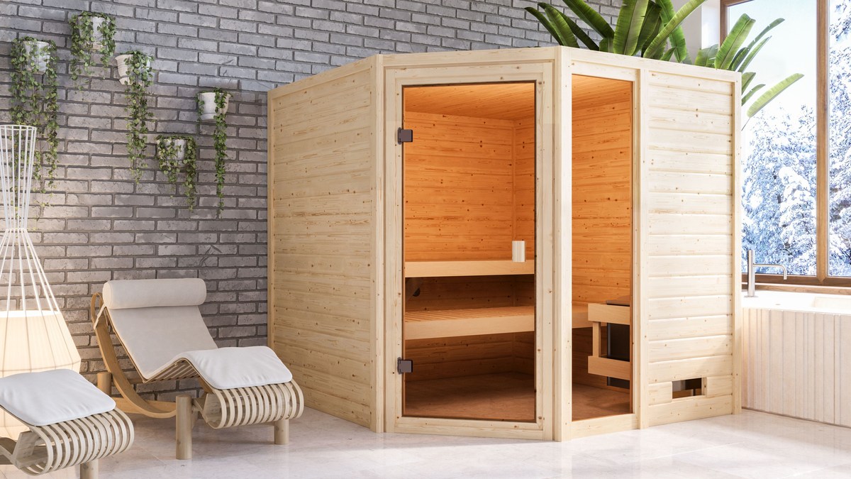 Aktionssauna Valida 4 Eckeinstieg - 195x195 cm, 38 mm Massivholz-Kellersauna