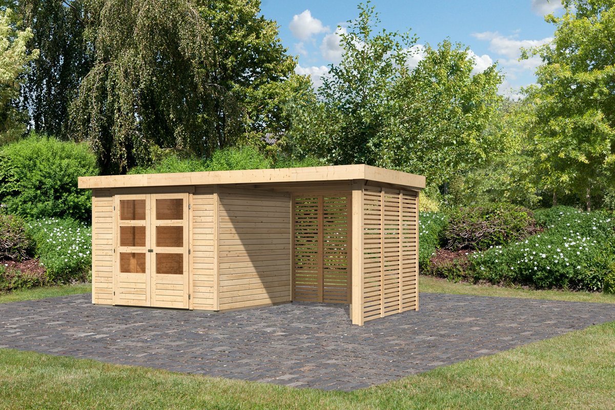 Gartenhaus Askola 3,5 - 242 x 246 cm inkl. Anbaudach 2,40 m mit Lamellenwänden, 19 mm Holz naturbelassen