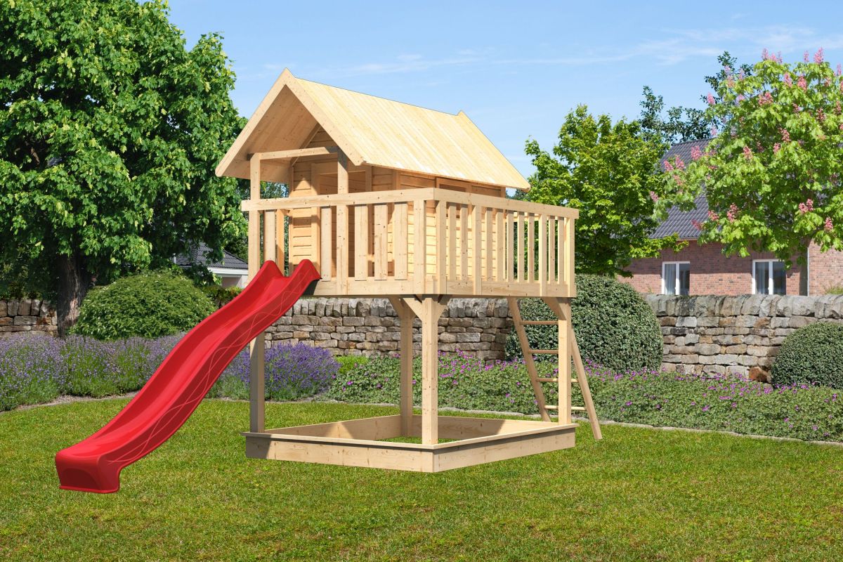 Stelzenhaus FIDEL naturbelassen, Set mit Rutsche rot, Karibu