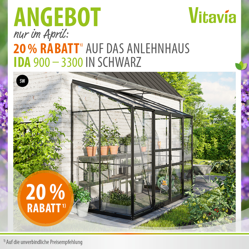 Angebot: Kleingewächshaus Ida 900-1300 schwarz mit 20% Rabatt im April 2026