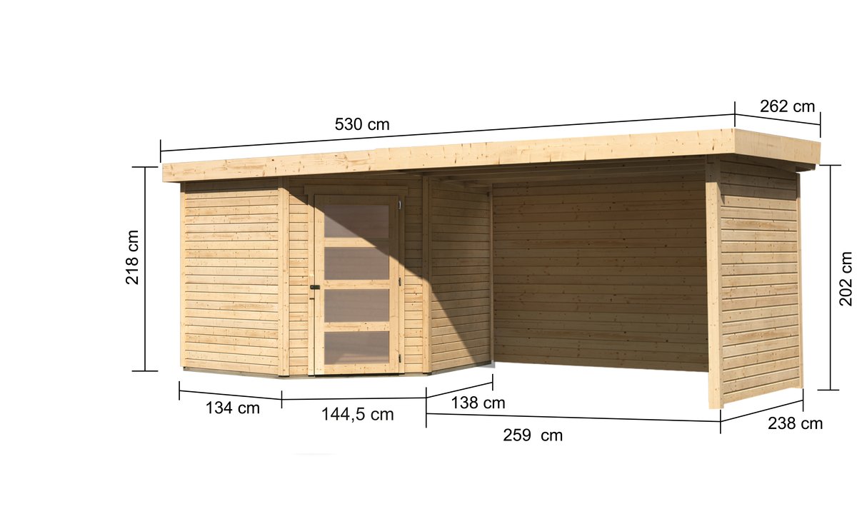Gartenhaus Schwandorf 5, 242 x 246 cm inkl. Anbaudach 2,80 m mit Wänden, 19 mm Holz naturbelassen, Karibu