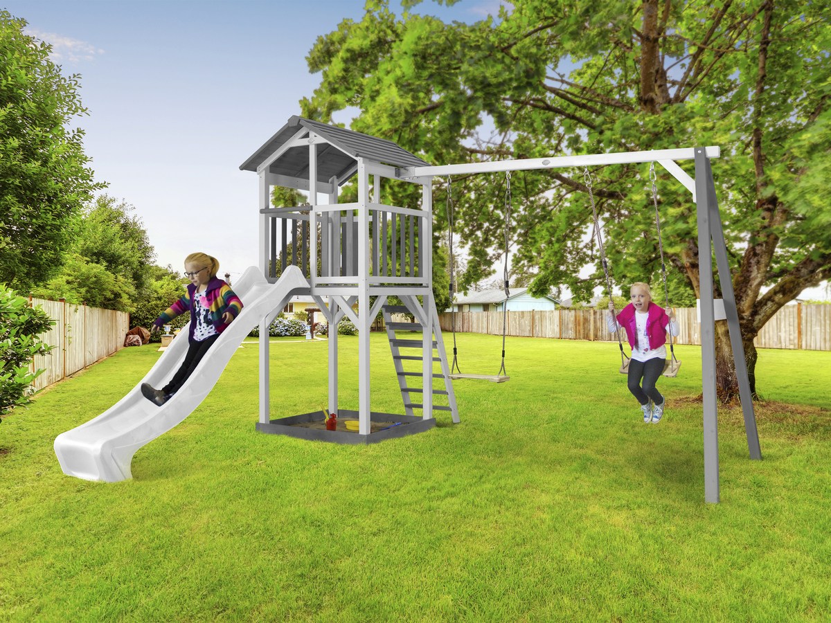 Spielturm Beach Tower Double Swing grau/weiß mit Rutsche weiß
