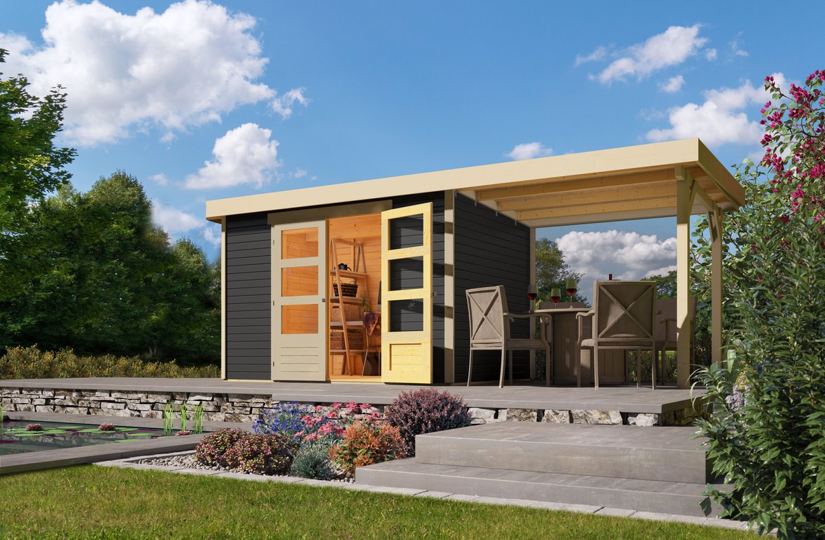 Gartenhaus Askola 4 - 302x217 cm mit Anbaudach 2,40m, 19 mm Holz terragrau, Karibu