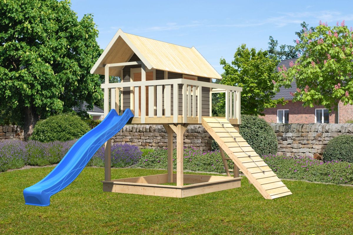 Stelzenhaus FIDEL terragrau, Set mit Holzrampe und Rutsche blau