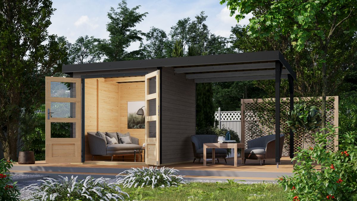 Hybrid-Gartenhaus Jupiter 2B - 209x213 cm plus 2,35 m Anbaudach, 19mm terragrau/anthrazit