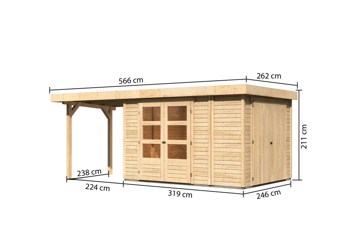 Gartenhaus Retola 4, 319x246 cm mit Anbauschrank und Anbaudach 2,40 m, 19 mm Holz naturbelassen,