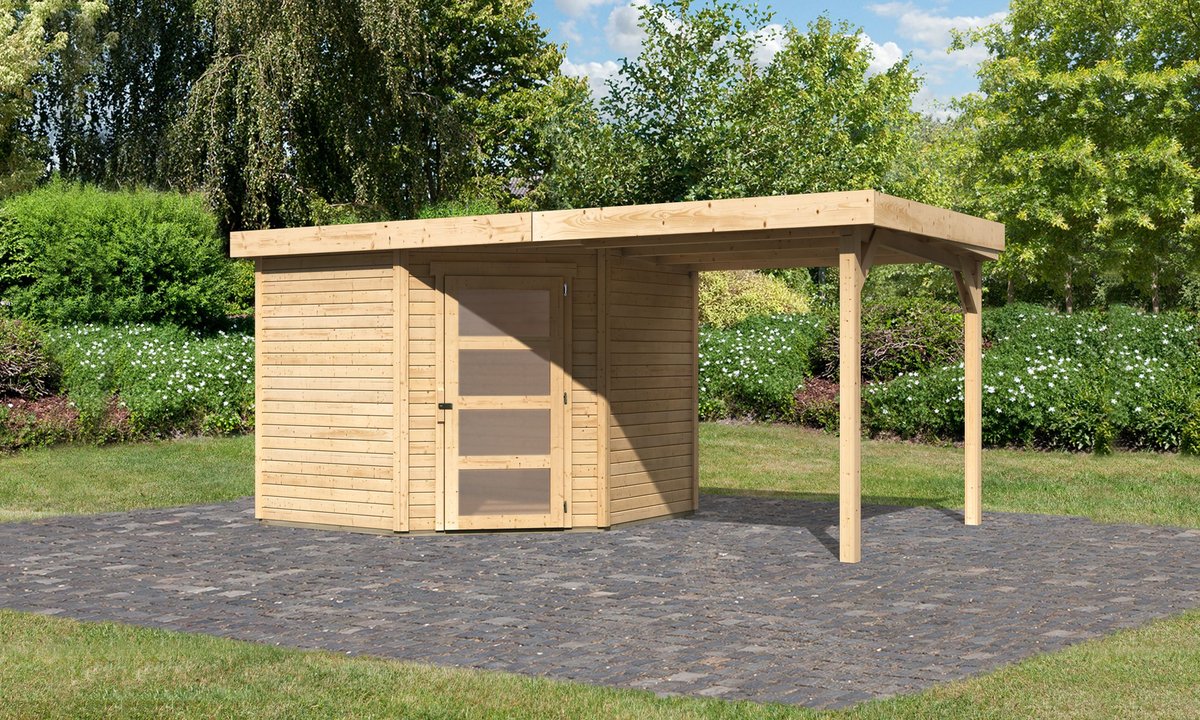 Gartenhaus Schwandorf 5, 242 x 246 cm inkl. Anbaudach 2,40 m, 19 mm Holz naturbelassen, Karibu