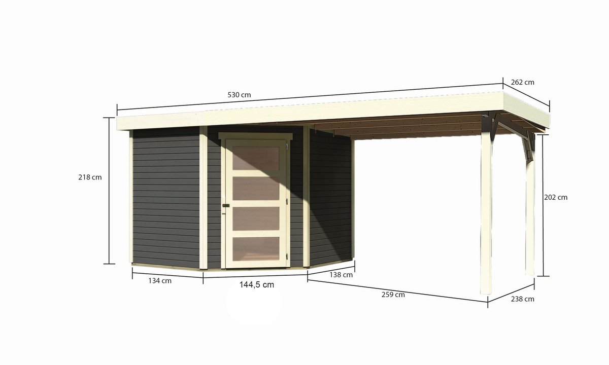 Gartenhaus Schwandorf 5, 242 x 246 cm inkl. Anbaudach 2,80 m, 19 mm Holz terragrau, Karibu