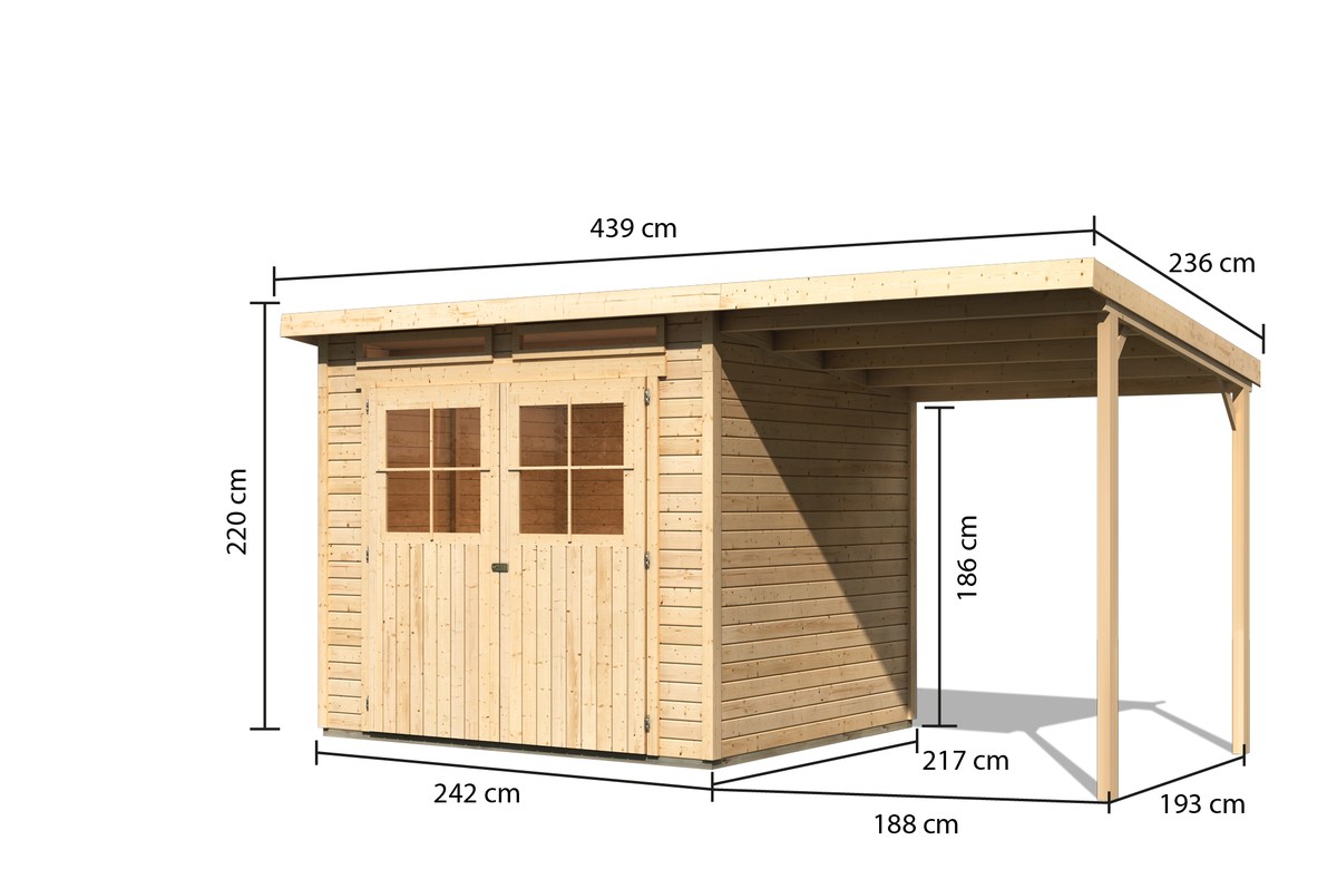 Gartenhaus Glücksburg 4 natur - 242x217 cm mit Anbaudach 190 cm, 19 mm Holz, Karibu