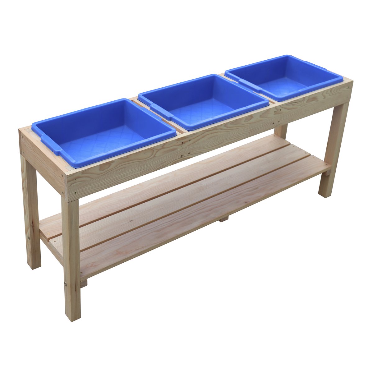 axi Activity Tisch 124x27x50 cm mit 3 blauen Behältern, naturbraun