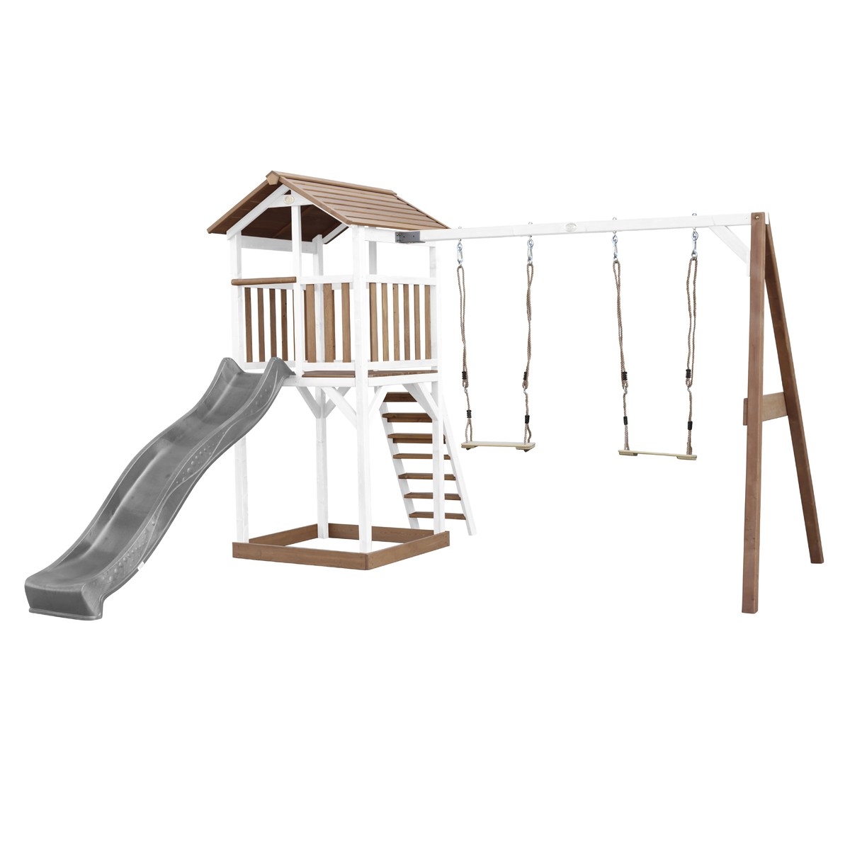 Spielturm Beach Tower Double Swing braun/weiß mit Rutsche grau