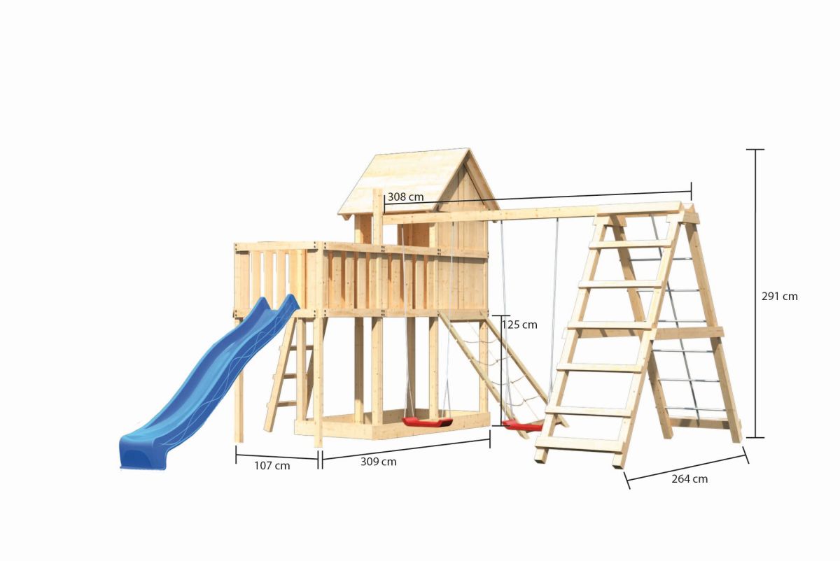 Stelzenhaus Frieda natur, Set mit Plattform, Kletterschaukel, Netzrampe und Rutsche blau