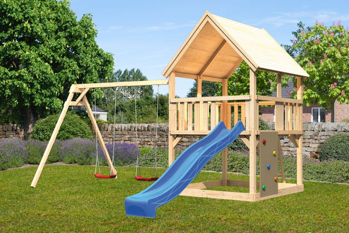 Spielturm Luis natur, SET mit Kletterwand, Doppelschaukel und Rutsche blau