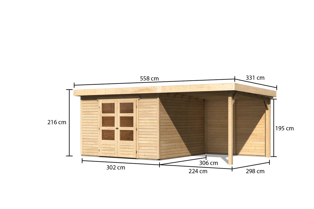Gartenhaus Askola 6 -302x306 cm mit Anbaudach 2.40m und Rückwand, 19 mm naturbelassen, Karibu