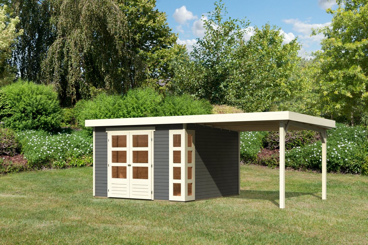 Gartenhaus Kerko 6 - 298 x 302 cm, inkl. Anbaudach 2,40m, 19 mm Holz terragrau, Karibu
