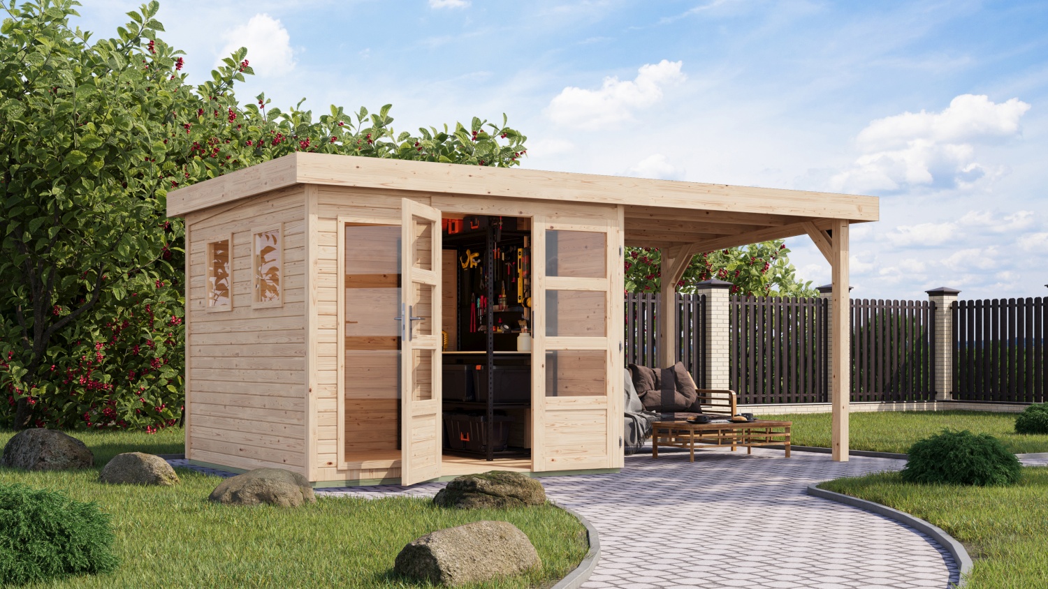 Gartenhaus Lahar 3,5, 242x246 cm plus 2,40 m Anbaudach, 19 mm Holz naturbelassen, Karibu