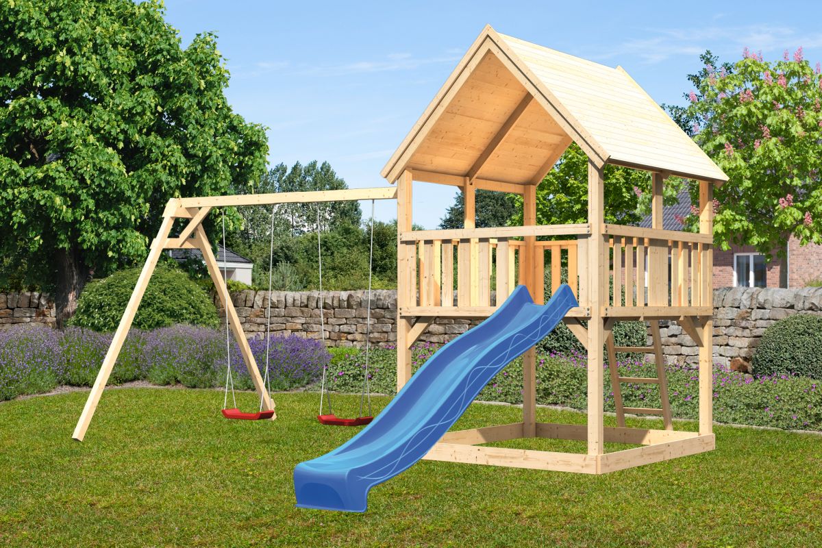 Spielturm Luis naturbelassen, Set mit Doppelschaukel und Rutsche blau