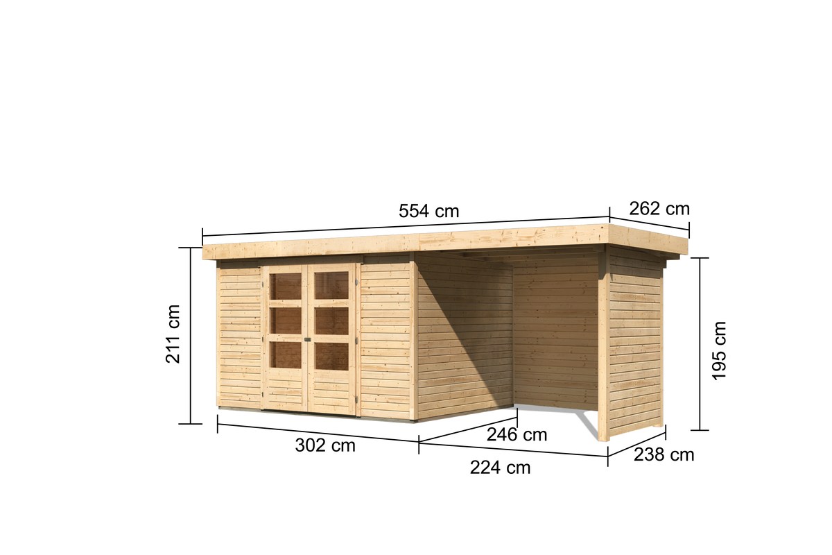 Gartenhaus Askola 5, 302 x 246 cm plus Anbaudach 2,40 m mit Wänden, 19 mm Holz naturbelassen, Karibu