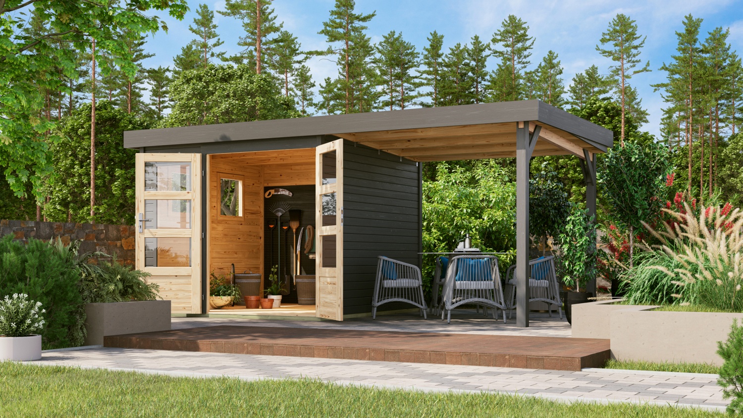 Gartenhaus Lahar 3,5, 242x246 cm plus 2,40 m Anbaudach, 19 mm Holz terragrau, Karibu
