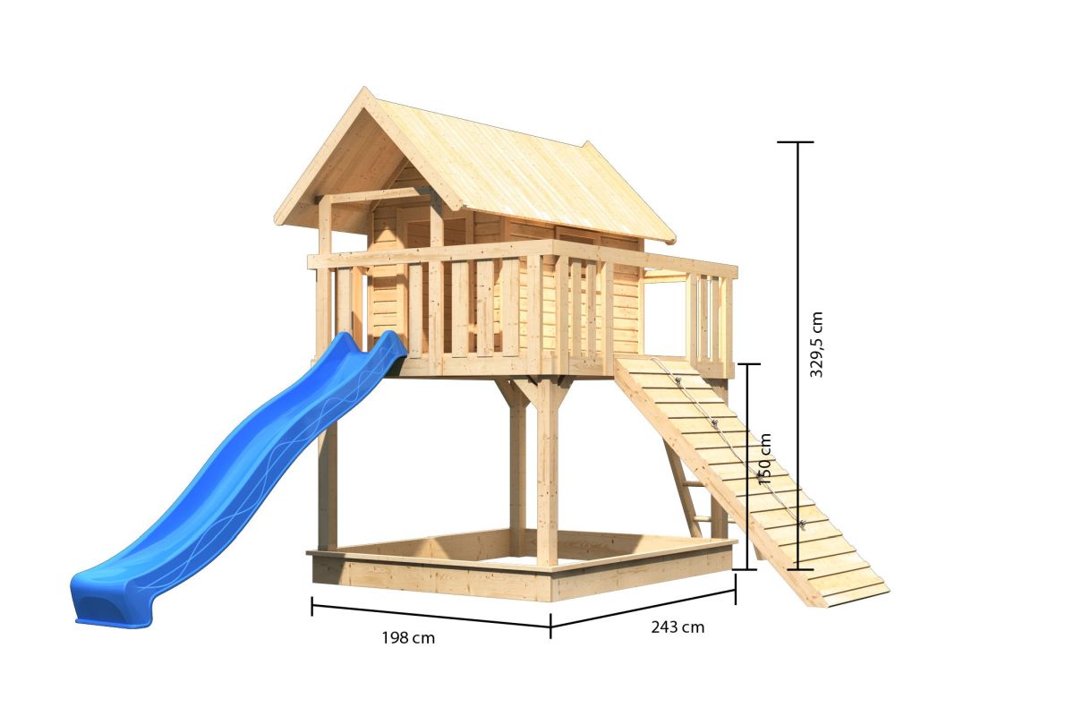 Stelzenhaus FIDEL naturbelassen, Set mit Holzrampe und Rutsche blau