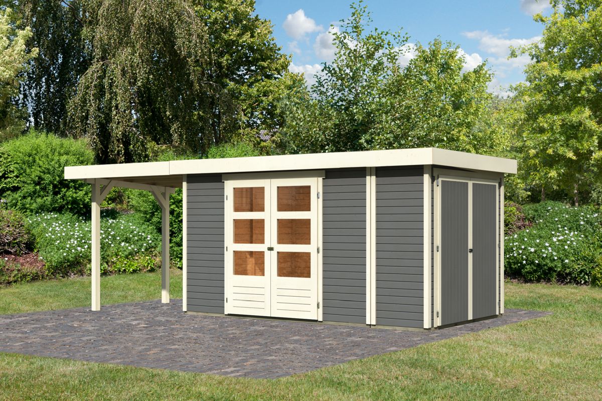 Gartenhaus Retola 5, 377x217 cm mit Anbauschrank und Anbaudach 2,40 m, 19 mm Holz terragrau
