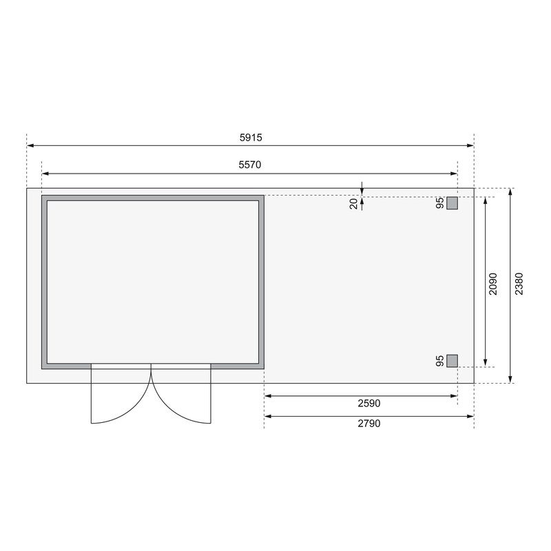 Gartenhaus Askola 4 - 302x217 cm mit Anbaudach 2,80m, 19 mm Holz naturbelassen, Karibu