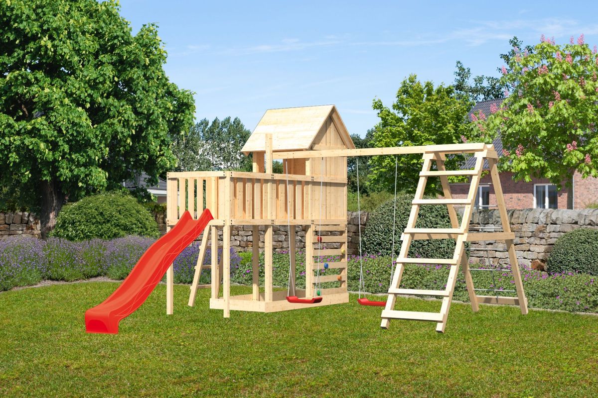 Stelzenhaus Frieda natur, Set mit Plattform, Kletterschaukel, Kletterwand und Rutsche rot