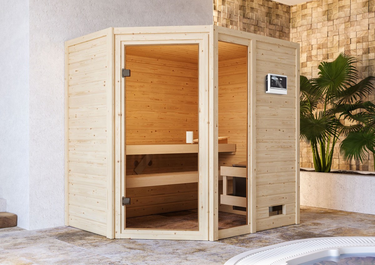 Aktionssauna Valida 2 Eckeinstieg - 195x145 cm, 38 mm Massivholz-Kellersauna